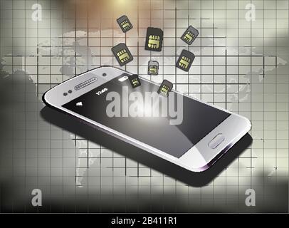Mobile phone realistic sim card world map vector separate states background Stock Vector