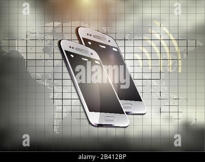 Mobile phone realistic signal icon world map vector separate states background Stock Vector