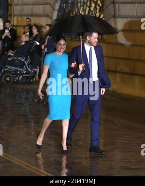 London, UK. 05th Mar, 2020. Prince Harry, Duke of Sussex, and Meghan Markle, Duchess of Sussex, attend the annual Endeavour Fund Awards. The awards celebrate achievements of wounded, injured and sick servicemen and women who have taken part in remarkable sporting and adventure challenges over the last year. Prince Harry, Duke of Sussex, and Meghan Markle, Duchess of Sussex, attend Endeavour Fund Awards, Mansion House, London, UK, on March 5, 2020. Credit: Paul Marriott/Alamy Live News Stock Photo