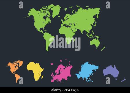 World continents map, America, Europe, Africa, Asia, Australia, Isolated on dark blue background blank Stock Photo