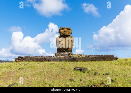 View of Ahu-Ature and its single restored moai standing on Anakena Beach on the north coast of Easter Island (Rapa Nui), Chile Stock Photo