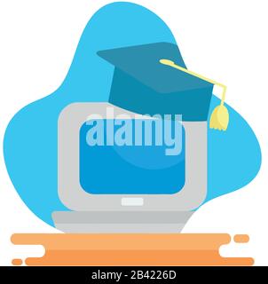 Graduation cap over computer flat block style icon design, University ...