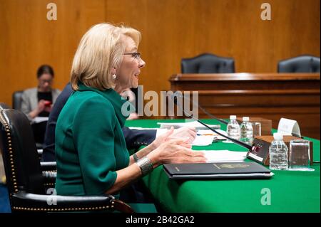 Washington, United States. 05th Mar, 2020. Betsy DeVos, Secretary of Education, speaks at a hearing of the Senate Appropriations Subcommittee on Labor, Health and Human Services, Education, and Related Agencies in Washington. Credit: SOPA Images Limited/Alamy Live News Stock Photo