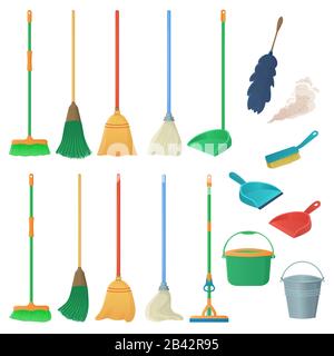 Cartoon household equipment set. A broom sweeps dust and dirt on scoop. mop or swab, feather duster, plastic bucket.Cleaning services, concept Stock Vector