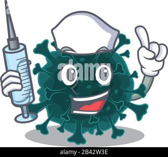 Friendly nurse of coronavirus COVID 19 mascot design holding syringe Stock Vector