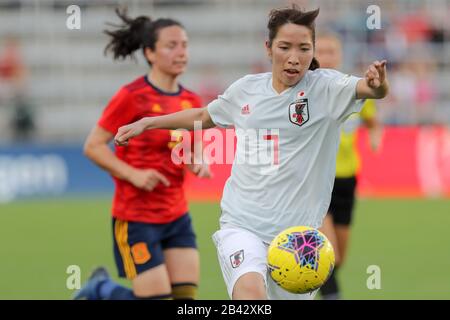 Orlando, Florida, USA. 5th Mar, 2020. Japan midfielder EMI NAKAJIMA (7) passes the ball during the SheBelieves Cup Spain vs Japan match at Exploria Stadium in Orlando, Fl on March 5, 2020. Credit: Cory Knowlton/ZUMA Wire/Alamy Live News Stock Photo