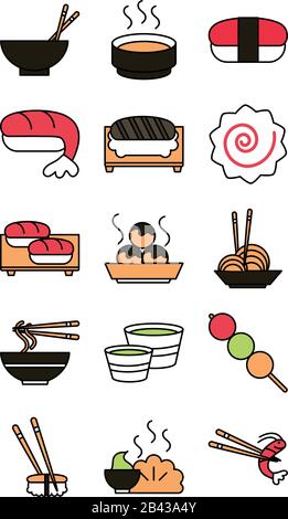 sushi oriental menu icons set vector illustration line and fill style icon Stock Vector