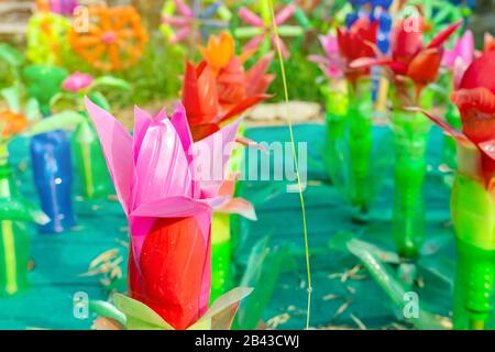 Recycled colorful plastic flowers made from plastic bottles to decorate as flowers in the garden. Plastic bottle recycled. Stock Photo