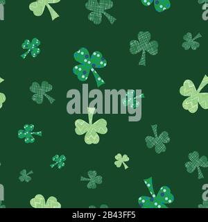 Shamrocks on green clovers seamless vector repeat surface pattern design Stock Vector