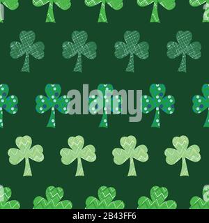 Rows of Shamrocks on green clovers seamless vector repeat surface pattern design Stock Vector