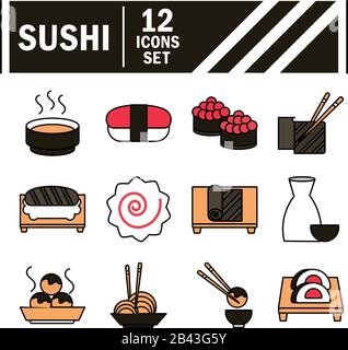 sushi oriental menu japanese food icons set vector illustration line and fill style icon Stock Vector