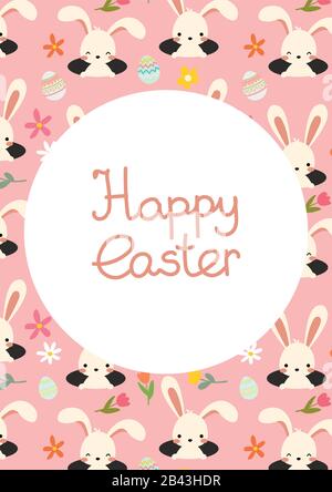Vector Easter Rabbit with spring flowers. Pink Postcard Stock Vector