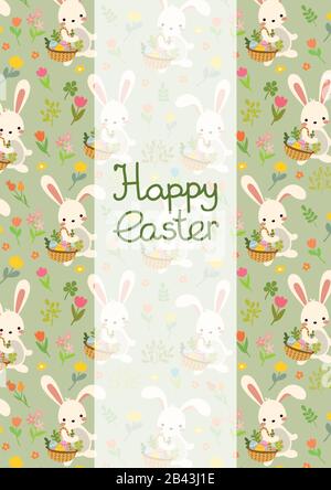 Vector Easter Rabbit with spring flowers. Green Postcard Stock Vector