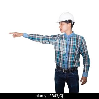 Engineer finger point with wear white helmet plastic.  isolated on white background Stock Photo