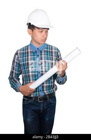 Engineer holding rolled blueprints inspect construction and wear white safety helmet plastic on white background Stock Photo