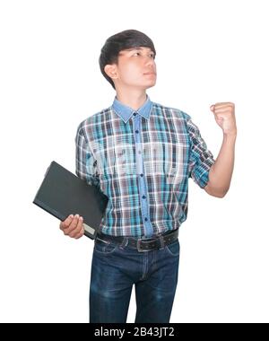 businessman confident young using computer laptop and raised hand on white background Stock Photo