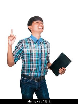 businessman confident young using computer laptop and raised hand on white background Stock Photo
