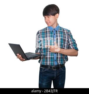 businessman. engineering confident using computer laptop and hand point on white background. construction concept Stock Photo