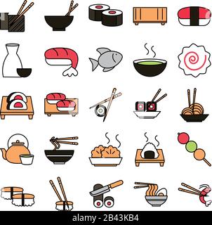 sushi oriental menu icons set vector illustration line and fill style icon Stock Vector