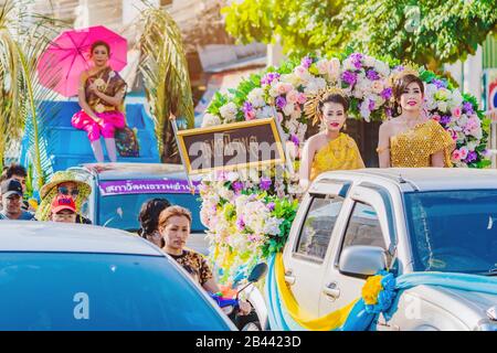 KANCHANABURI, THAILAND - APRIL 17 : Unidentified beautiful with traditionally dressed woman is crowned to be 'Miss Songkran' in parade on Songkran Fes Stock Photo