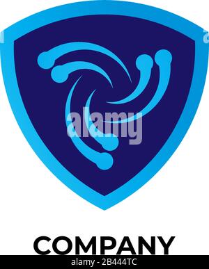 Blue Shield sign illustration with vortex icon inside. Logo Design Template. DIsaster Guard Logo Concept isolated on white background Stock Vector