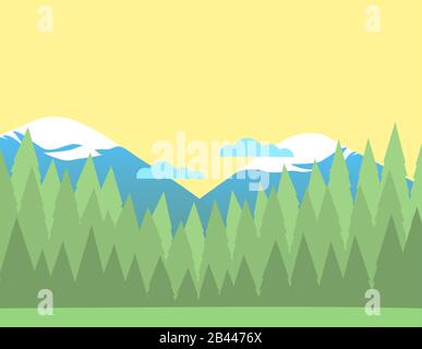 Summer nature landscape background with forest and snowy mountains and clouds. Coniferous trees silhouettes. Vector illustration. Stock Vector