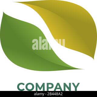 Twin leaf illustration, green and turning to yellow. Nature logo design template. Cycle logo concept isolated on white background. Save the earth. Sav Stock Vector