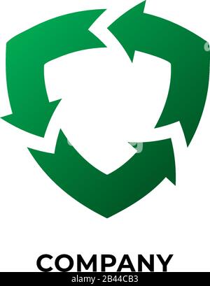 Asbtract shield sign illustration . Green arrow cycle logo concept isolated on white background. Triangle, Security, Business, process, recycle logo d Stock Vector