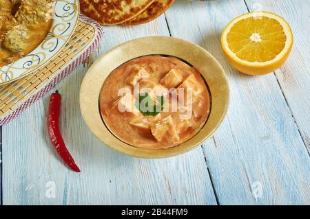 Paneer Chaman, Kashmiri cuisine, Traditional assorted Indian  dishes, Top view. Stock Photo