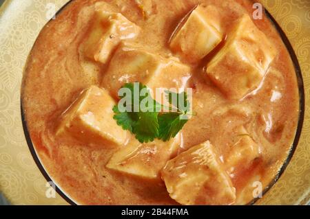 Paneer Chaman, Kashmiri cuisine, Traditional assorted Indian  dishes, Top view. Stock Photo