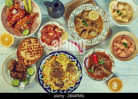 Kashmiri cuisine, Traditional assorted Indian  dishes, Top view. Stock Photo