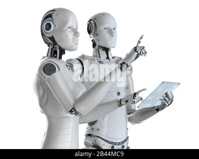 3d rendering two cyborgs work with glass tablet on white background Stock Photo