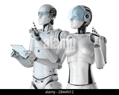 3d rendering two cyborgs work with glass tablet on white background Stock Photo