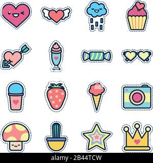 cute elements line fill style icon set design, Kawaii expression ...