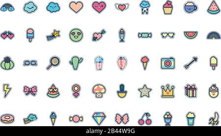 cute elements line fill style icon set design, Kawaii expression ...