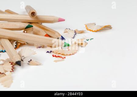 sharped pencils with Pencil Shaving isolated on white Stock Photo