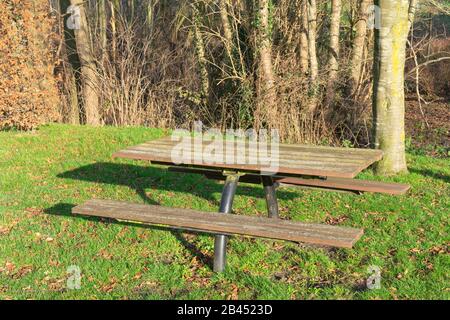 A combination of a wooden bench and a table somewhere outside in a park Stock Photo