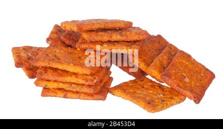 crackers pile on white background. creative photo. Stock Photo
