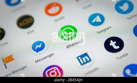 CLUJ, ROMANIA - NOV 06, 2019: Whatsapp icon closeup on a smartphone screen settings menu. Whatsapp illustrative editorial. Stock Photo
