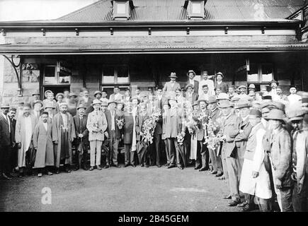 Mahatma Gandhi with Indian political leader Gopal Krishna Gokhale in South Africa, 1912, front row center, old vintage 1900s picture Stock Photo