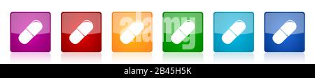 Drugs icon set, colorful square glossy vector illustrations in 6 options for web design and mobile applications Stock Vector