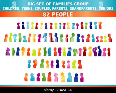 Isolated set Large Group of family generation.Colored silhouette in profile. Face.Head. Community.Communication between many colorful people. Families Stock Photo