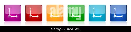 Scooter icon set, sport, activity, vehicle, colorful square glossy vector illustrations in 6 options for web design and mobile applications Stock Vector