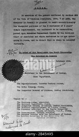 Mahatma Gandhi Release Order From Yerwada Prison, Pune, India, Asia ...