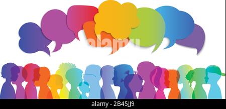 Silhouette group of modern children in rainbow colored profile.Communication between multi-ethnic children.Children talking.Multicultural kindergarten Stock Vector