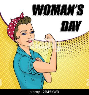 We Can Do It girl. Womens symbol of female power, woman rights, feminism or protest. Doodle cartoon character in comic style. Stock Vector