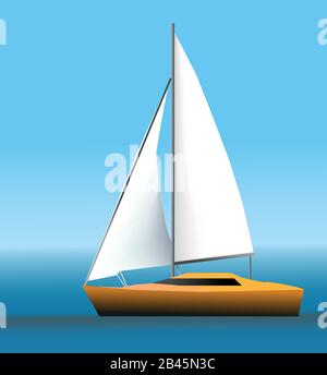 yellow-gold yacht with black windows and two white sails on the water Stock Vector
