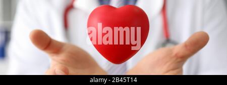 Doctor hold in hand red toy hert against hospital Stock Photo