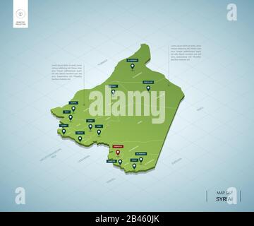 Stylized map of Syria. Isometric 3D green map with cities, borders, capital Damascus, regions. Vector illustration. Editable layers clearly labeled. E Stock Vector