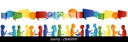 Crowd talking. Communication between large group of people who talk. Communicate social networking. Dialogue between people. Rainbow colors silhouette Stock Photo